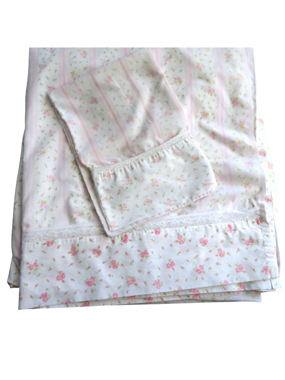 Vintage JC Penney Pink Floral Full Size 3pc Sheets Set Lace Trim Percale Cottage